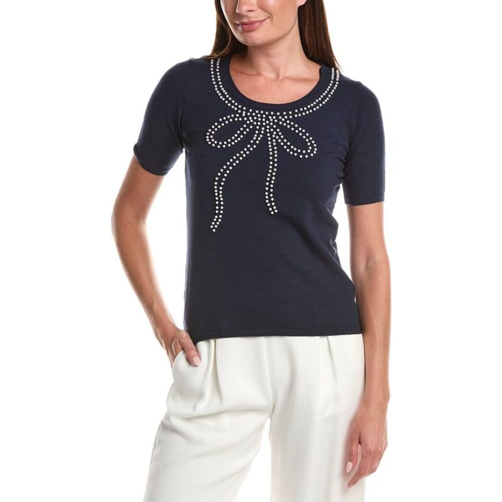 T Tahari Womens  Bow Embellished Pullover, Navy